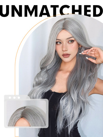 女性用ロングウィッグ ライトグレー 縮れカール 耐熱ファイバー 現代風 乱れたロング合成ウィッグ