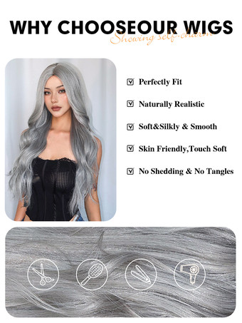 女性用ロングウィッグ ライトグレー 縮れカール 耐熱ファイバー 現代風 乱れたロング合成ウィッグ