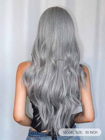 女性用ロングウィッグ ライトグレー 縮れカール 耐熱ファイバー 現代風 乱れたロング合成ウィッグ