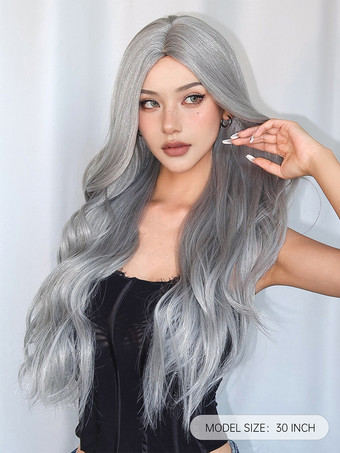 女性用ロングウィッグ ライトグレー 縮れカール 耐熱ファイバー 現代風 乱れたロング合成ウィッグ