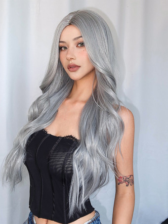 女性用ロングウィッグ ライトグレー 縮れカール 耐熱ファイバー 現代風 乱れたロング合成ウィッグ