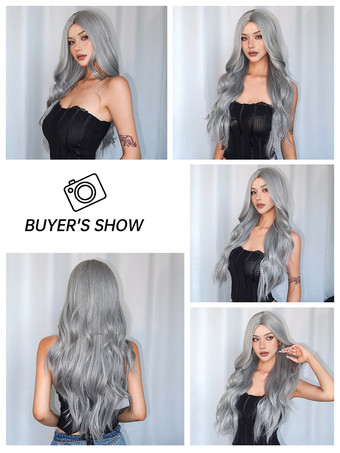 女性用ロングウィッグ ライトグレー 縮れカール 耐熱ファイバー 現代風 乱れたロング合成ウィッグ