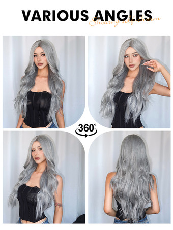 女性用ロングウィッグ ライトグレー 縮れカール 耐熱ファイバー 現代風 乱れたロング合成ウィッグ