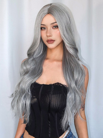 女性用ロングウィッグ ライトグレー 縮れカール 耐熱ファイバー 現代風 乱れたロング合成ウィッグ
