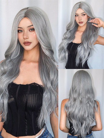ライトグレー 女性用ロングウィッグ ライトグレー 縮れカール 耐熱ファイバー 現代風 乱れたロング合成ウィッグ