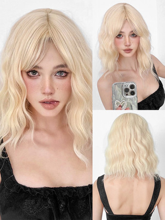 ゴールド 合成ウィッグ ゴールド 鈍いフリンジ 耐熱ファイバー レイヤード ショート ガールズ ショートウィッグ 女性用