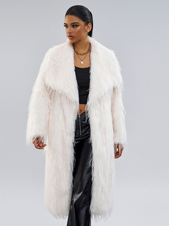 フェイクファーコート 長袖 シックなフェイクファーコート オーバーサイズ ターンダウンカラー エクリュ ホワイト レディースコート