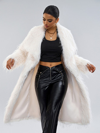 フェイクファーコート 長袖 シックなフェイクファーコート オーバーサイズ ターンダウンカラー エクリュ ホワイト レディースコート