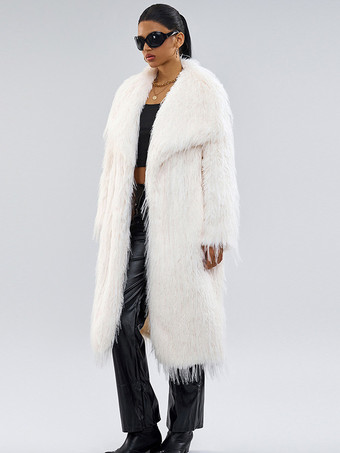 フェイクファーコート 長袖 シックなフェイクファーコート オーバーサイズ ターンダウンカラー エクリュ ホワイト レディースコート