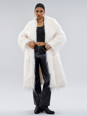 アイボリー フェイクファーコート 長袖 シックなフェイクファーコート オーバーサイズ ターンダウンカラー エクリュ ホワイト レディースコート