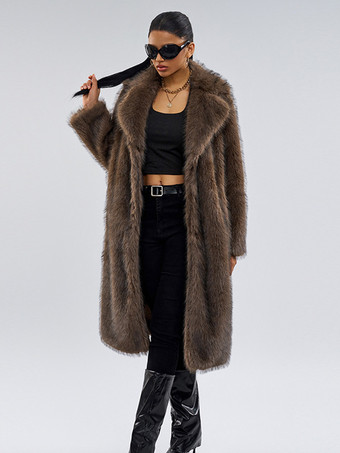 ディープブラウンのノッチラペルのフェイクファーコート、オーバーサイズ、冬用ロングジャケット、女性用 2025