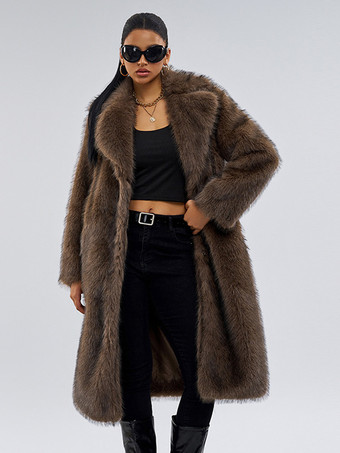 ディープブラウンのノッチラペルのフェイクファーコート、オーバーサイズ、冬用ロングジャケット、女性用 2025
