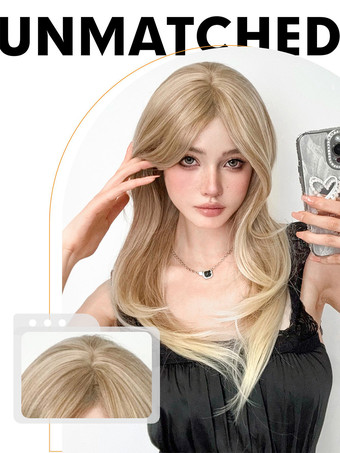 女性用ロングウィッグ ライトゴールド ストレート 耐熱ファイバー エレガント 乱れたロング 合成ウィッグ