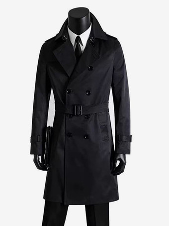 ブラック メンズ ベルト付き 長袖 ダブルブレスト コート