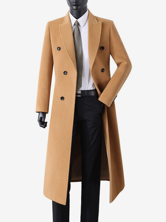 ラクダ色 メンズ マキシコート ダブルブレスト シック ブラック スリムフィット ジャケット