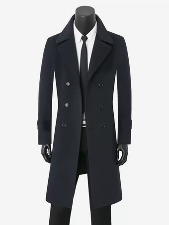 ディープブルーメンズ ロングラインコート ダブルブレスト ラペル シックなブラック オーバーコート