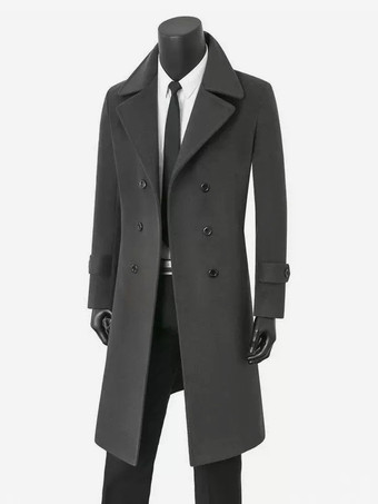 グレイメンズ ロングラインコート ダブルブレスト ラペル シックなブラック オーバーコート