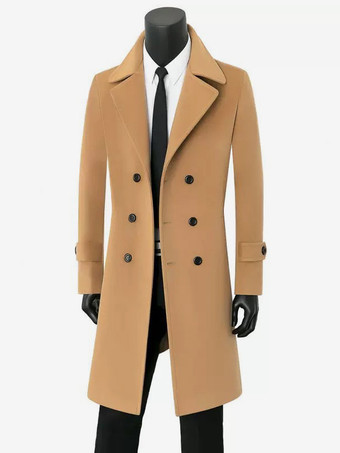 ラクダ色 メンズ ロングラインコート ダブルブレスト ラペル シックなブラック オーバーコート