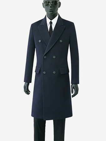 ディープブルーメンズビジネスジャケット マキシコート ダブルブレスト シックなブラックポケット ピーコート