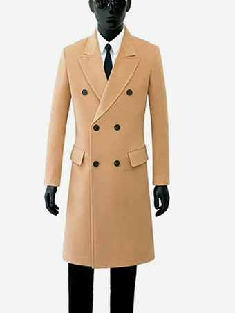 ラクダ色 メンズビジネスジャケット マキシコート ダブルブレスト シックなブラックポケット ピーコート