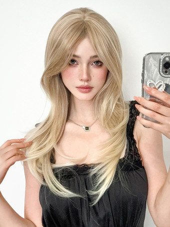 女性用ロングウィッグ ライトゴールド ストレート 耐熱ファイバー エレガント 乱れたロング 合成ウィッグ