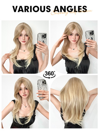 女性用ロングウィッグ ライトゴールド ストレート 耐熱ファイバー エレガント 乱れたロング 合成ウィッグ