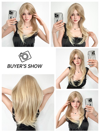 女性用ロングウィッグ ライトゴールド ストレート 耐熱ファイバー エレガント 乱れたロング 合成ウィッグ