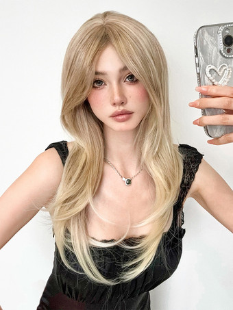 女性用ロングウィッグ ライトゴールド ストレート 耐熱ファイバー エレガント 乱れたロング 合成ウィッグ