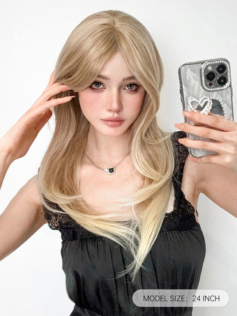 女性用ロングウィッグ ライトゴールド ストレート 耐熱ファイバー エレガント 乱れたロング 合成ウィッグ