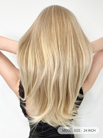 女性用ロングウィッグ ライトゴールド ストレート 耐熱ファイバー エレガント 乱れたロング 合成ウィッグ