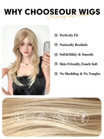 女性用ロングウィッグ ライトゴールド ストレート 耐熱ファイバー エレガント 乱れたロング 合成ウィッグ