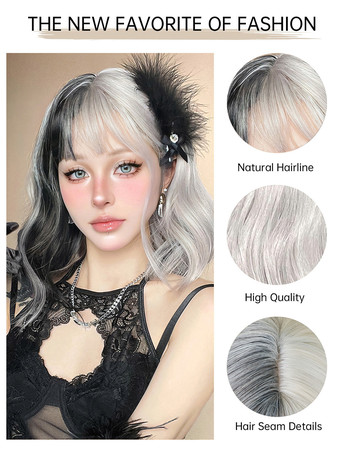 合成ウィッグ ブラック ホワイト ボブ 耐熱ファイバー 乱れたショート レディース 女性用 ショートウィッグ