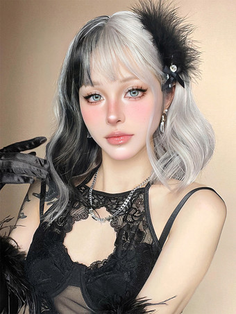 合成ウィッグ ブラック ホワイト ボブ 耐熱ファイバー 乱れたショート レディース 女性用 ショートウィッグ