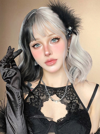 合成ウィッグ ブラック ホワイト ボブ 耐熱ファイバー 乱れたショート レディース 女性用 ショートウィッグ