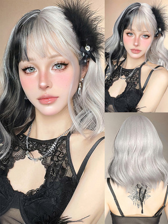 ホワイト＋ブラック合成ウィッグ ブラック ホワイト ボブ 耐熱ファイバー 乱れたショート レディース 女性用 ショートウィッグ