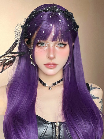 女性用ロングウィッグ パープル 鈍いフリンジ 耐熱ファイバー 快適なレイヤードロング合成ウィッグ