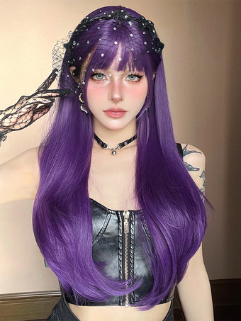 女性用ロングウィッグ パープル 鈍いフリンジ 耐熱ファイバー 快適なレイヤードロング合成ウィッグ