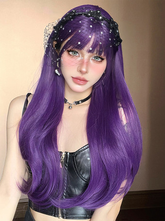 女性用ロングウィッグ パープル 鈍いフリンジ 耐熱ファイバー 快適なレイヤードロング合成ウィッグ