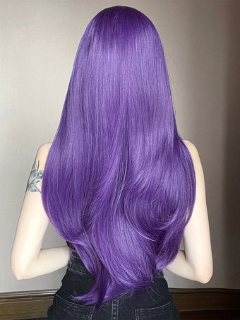 女性用ロングウィッグ パープル 鈍いフリンジ 耐熱ファイバー 快適なレイヤードロング合成ウィッグ