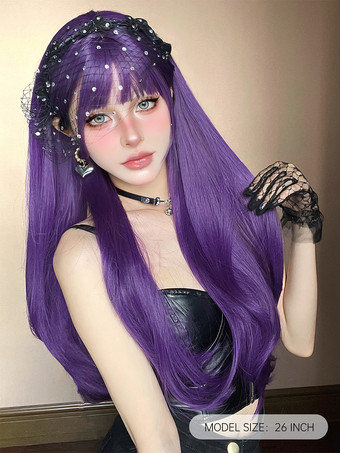 女性用ロングウィッグ パープル 鈍いフリンジ 耐熱ファイバー 快適なレイヤードロング合成ウィッグ