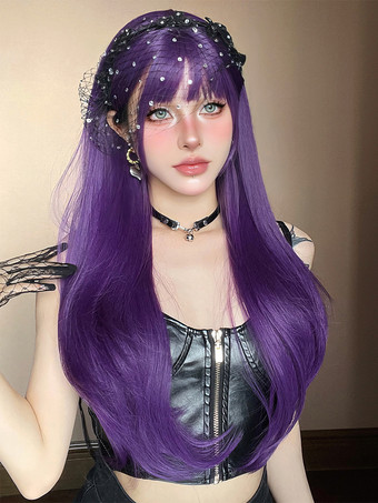 女性用ロングウィッグ パープル 鈍いフリンジ 耐熱ファイバー 快適なレイヤードロング合成ウィッグ