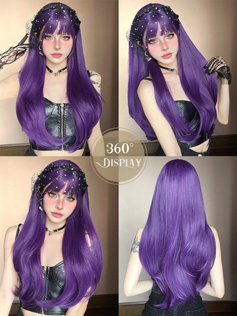 女性用ロングウィッグ パープル 鈍いフリンジ 耐熱ファイバー 快適なレイヤードロング合成ウィッグ