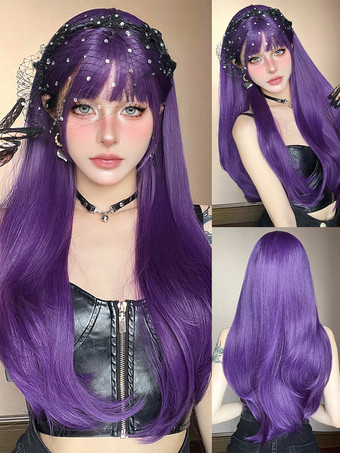パープル 女性用ロングウィッグ パープル 鈍いフリンジ 耐熱ファイバー 快適なレイヤードロング合成ウィッグ