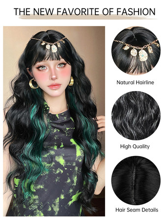 女性用ロングウィッグ ブラック 鈍いフリンジ 耐熱ファイバー トライバル レイヤード ロング 合成ウィッグ