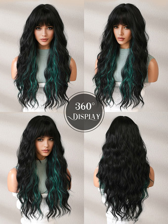 女性用ロングウィッグ ブラック 鈍いフリンジ 耐熱ファイバー トライバル レイヤード ロング 合成ウィッグ