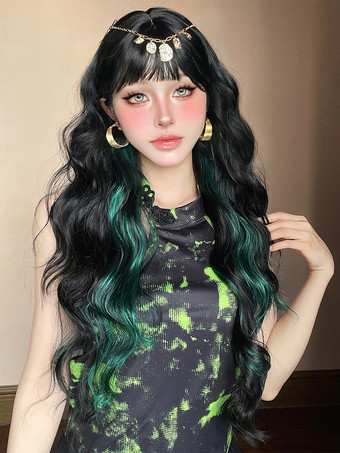 女性用ロングウィッグ ブラック 鈍いフリンジ 耐熱ファイバー トライバル レイヤード ロング 合成ウィッグ