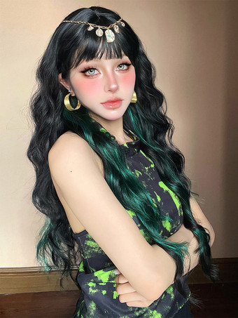 女性用ロングウィッグ ブラック 鈍いフリンジ 耐熱ファイバー トライバル レイヤード ロング 合成ウィッグ