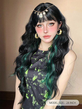 女性用ロングウィッグ ブラック 鈍いフリンジ 耐熱ファイバー トライバル レイヤード ロング 合成ウィッグ