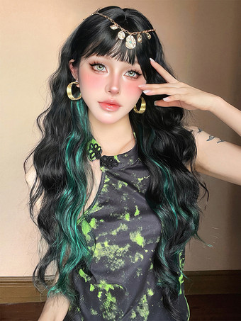 女性用ロングウィッグ ブラック 鈍いフリンジ 耐熱ファイバー トライバル レイヤード ロング 合成ウィッグ