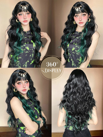 女性用ロングウィッグ ブラック 鈍いフリンジ 耐熱ファイバー トライバル レイヤード ロング 合成ウィッグ